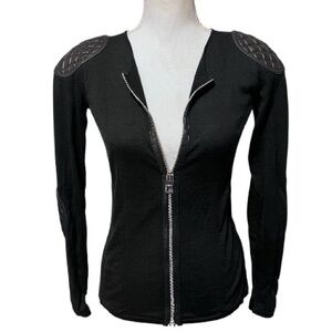 Burberry women’s black silk, fine merino wool & leather zip cardigan sweater